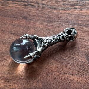 Sterling Silver Skull Claw Pendant with Glass Orb